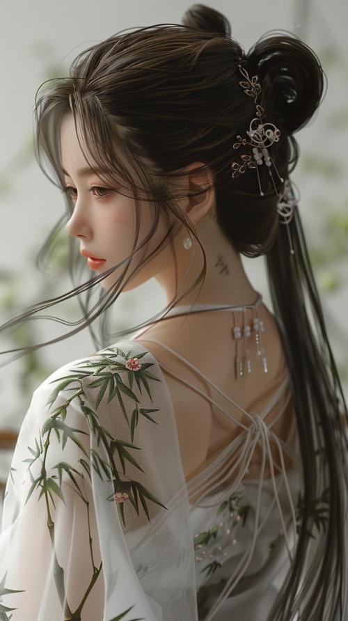 美丽的中国女孩,背部竹子纹身,白色纱布裙,高马尾发型,汉服风格,穿着汉服风格的服饰。