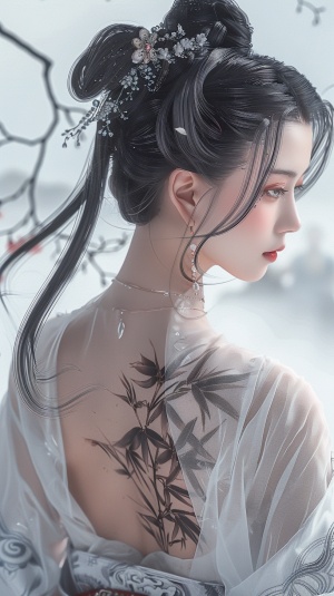 美丽的中国女孩,背部竹子纹身,白色纱布裙,高马尾发型,汉服风格,穿着汉服风格的服饰。