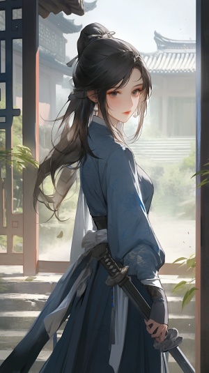 一位年轻的中国女子手中拿剑，深蓝色束腰汉服，黑色长发马尾，严肃的表情，看着镜头，背景古代院子内，中国古代风格