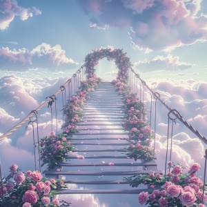 s.mj.runYSGbTI4AC4o a bridge to the clouds, the bridge is covered with pink roses. cartoon realistic style, animated gif ar 9:16
