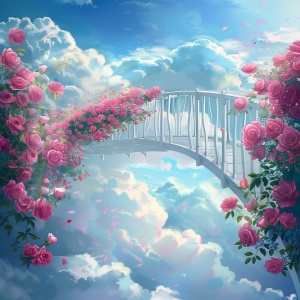 s.mj.runYSGbTI4AC4o a bridge to the clouds, the bridge is covered with pink roses. cartoon realistic style, animated gif ar 9:16