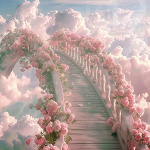 s.mj.runYSGbTI4AC4o a bridge to the clouds, the bridge is covered with pink roses. cartoon realistic style, animated 电影大片的宏大场景，电影大片的色彩艺术效果，电影大片的视觉冲击力，电影大片的震慑力度gif ar 9:16