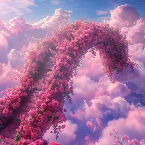 s.mj.runYSGbTI4AC4o a bridge to the clouds, the bridge is covered with pink roses. cartoon realistic style, animated 电影大片的宏大场景，电影大片的色彩艺术效果，电影大片的视觉冲击力，电影大片的震慑力度gif ar 9:16
