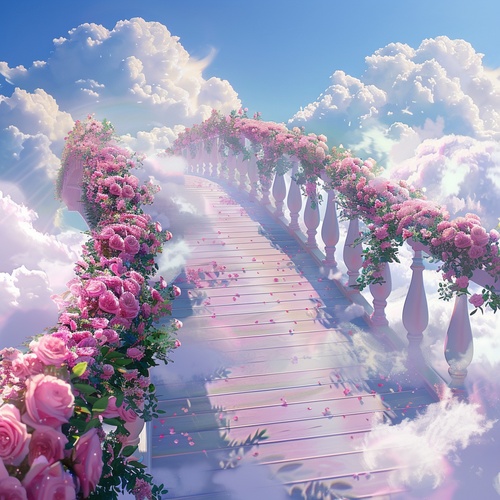 s.mj.runYSGbTI4AC4o a bridge to the clouds, the bridge is covered with pink roses. cartoon realistic style, animated 电影大片的宏大场景，电影大片的色彩艺术效果，电影大片的视觉冲击力，电影大片的震慑力度gif ar 9:16