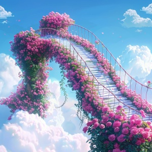 s.mj.runYSGbTI4AC4o a bridge to the clouds, the bridge is covered with pink roses. cartoon realistic style, animated 电影大片的宏大场景，电影大片的色彩艺术效果，电影大片的视觉冲击力，电影大片的震慑力度gif ar 9:16