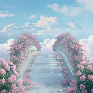 现场写真拍摄：s.mj.runYSGbTI4AC4o a bridge to the clouds, the bridge is covered with pink roses. cartoon realistic style, animated 电影大片的宏大场景，电影大片的色彩艺术效果，电影大片的视觉冲击力，电影大片的震慑力度gif ar 9:16