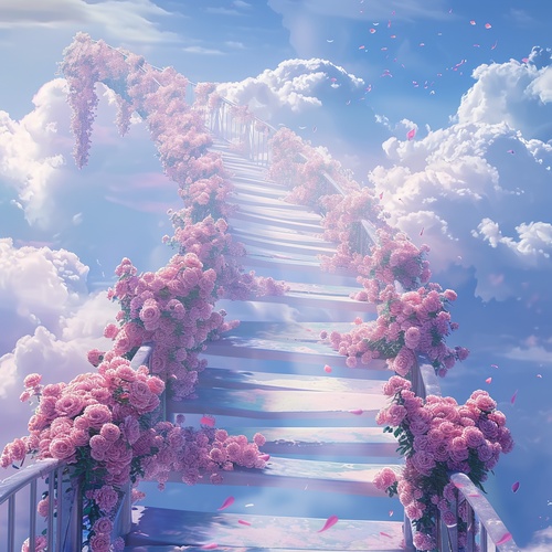 现场写真拍摄：s.mj.runYSGbTI4AC4o a bridge to the clouds, the bridge is covered with pink roses. cartoon realistic style, animated 电影大片的宏大场景，电影大片的色彩艺术效果，电影大片的视觉冲击力，电影大片的震慑力度gif ar 9:16