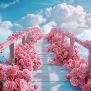 现场写真拍摄：s.mj.runYSGbTI4AC4o a bridge to the clouds, the bridge is covered with pink roses. cartoon realistic style, animated 电影大片的宏大场景，电影大片的色彩艺术效果，电影大片的视觉冲击力，电影大片的震慑力度gif ar 9:16