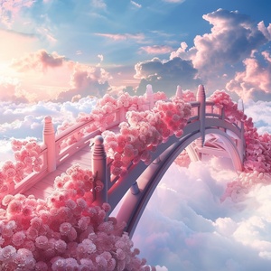 现场写真拍摄：s.mj.runYSGbTI4AC4o a bridge to the clouds, the bridge is covered with pink roses. cartoon realistic style, animated 电影大片的宏大场景，电影大片的色彩艺术效果，电影大片的视觉冲击力，电影大片的震慑力度gif ar 9:16