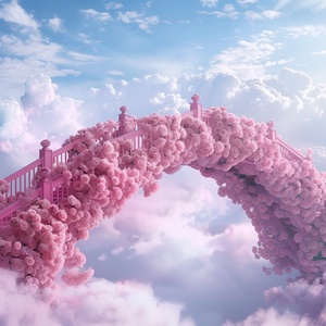 现场写真拍摄：s.mj.runYSGbTI4AC4o a bridge to the clouds, the bridge is covered with pink roses. cartoon realistic style, animated 电影大片的宏大场景，电影大片的色彩艺术效果，电影大片的视觉冲击力，电影大片的震慑力度gif ar 9:16