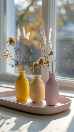 A set of small yellow and pink vases with dried flowers in them sitting on a open tray, placed on a tableinfrontofaflatscreentv that is turned off, neutral colors natural lighting, lifestylephotography, evenly lit, high resolution