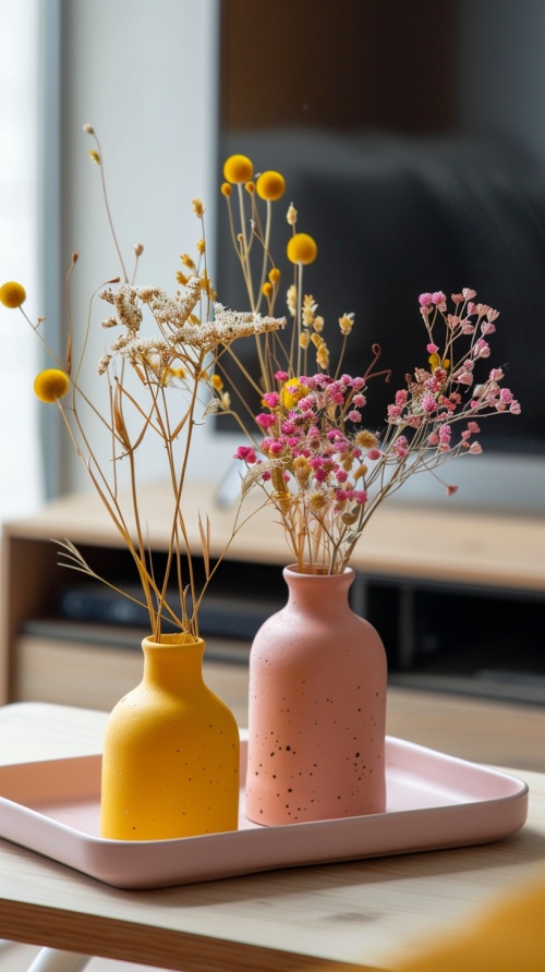 A set of small yellow and pink vases with dried flowers in them sitting on a open tray, placed on a tableinfrontofaflatscreentv that is turned off, neutral colors natural lighting, lifestylephotography, evenly lit, high resolution