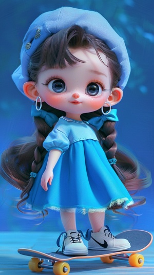 一个穿着蓝色衣服、戴着帽子的小女孩站在滑板上，她有着棕色的长发，编着麻花辫，每条麻花辫上都有一个蓝色的蝴蝶结，她还戴着银色圆形耳环。背景为蓝色。