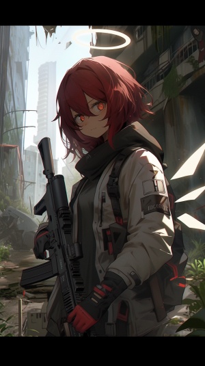 一位红色短发的少女，穿着兜帽卫衣，头上顶着红色的光环，双手端着一把M16突击步枪，在城市的废墟之中寻找这什么？