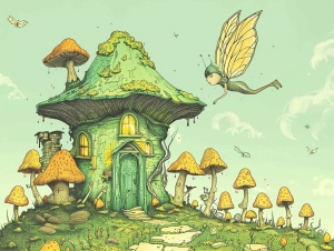 大大绿色的蘑菇屋，旁边很多高高矮矮的黄色小圆蘑菇，空中飞着带翅膀的小仙女