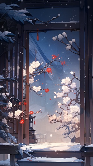 中国风，水墨，冬日夜景，大雪，枯萎的叶子，凋落的花
