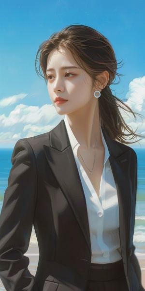 Stunning Chinese lady with fair complexion, curvaceous body, dressed in a professional black mini skirt suit and white top, seascape with clear blue sky and cottony clouds, masterpiece, elegant and seductive.