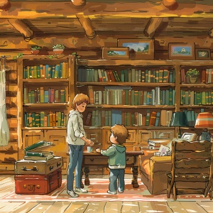 原木风格装修的书房里，一个妈妈在跟八岁的儿子面对面聊天，背景是一整排书柜，温馨，幸福，