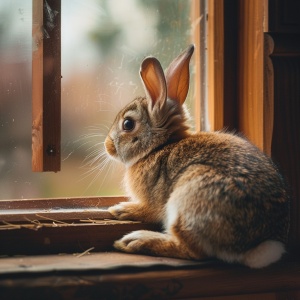 一只小兔子趴在窗户上往外看