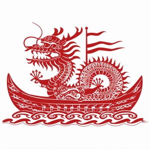 中国剪纸，极简，传统文化，单层，矢量剪影，镂空（中国龙舟），红色（中国龙舟），无阴影，白色背景，