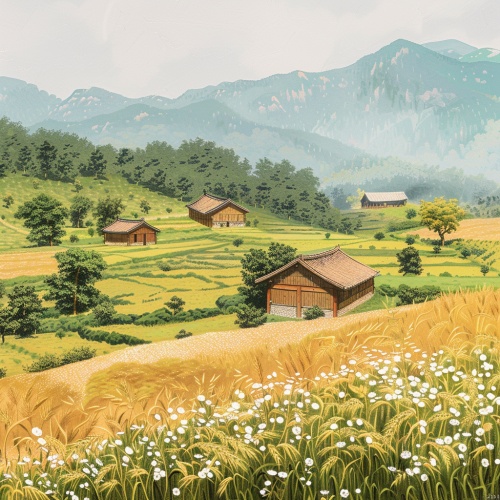 这幅图以超写实、摄影风格准确地展现了中国夏季乡村景观，特别是小麦田的真实风貌。画面中小麦田中的小花细腻而小巧，与实际的小麦花相符合。此外，几座小木屋散布在田野间，金黄的梅树和肥硕的杏树也点缀其中。主要焦点是小麦田的真实描绘，捕捉了它们自然的美和宁静的乡村气息。