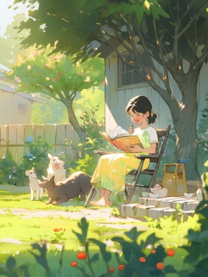 农家小院,院子里有一棵树,有位少女坐在树下看书,卡通人物,手绘插图，扁平，绿植,房屋,卡通插画,肌里磨砂,花田,中景镜头
