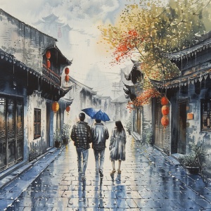 烟雨笼罩的江南，少年情侣慢步在青石板铺垫长街上。版画。