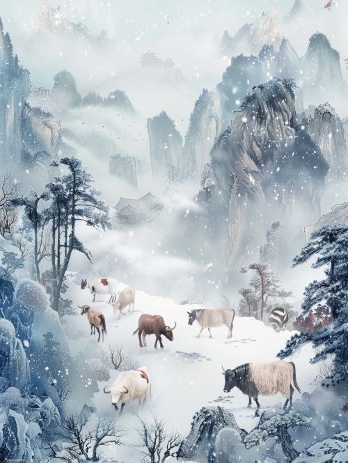 牛羊、马，背景雪山、一幅中式山水画，宋韵风格，张大千，泼墨，高清，4K