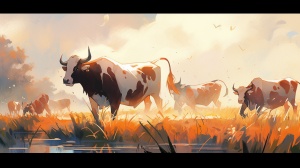 五头牛，一幅中式山水画，国画风格，朗世宁，