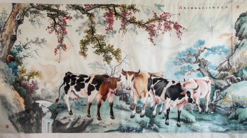 五头牛，一幅中式画卷，国画工笔画风格，朗世宁。