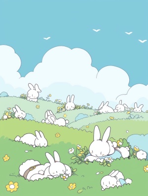 白云，蓝蓝的天空，森林里的草地上有一群白色的小兔子和灰色的小兔子在玩耍，还有闭着眼睛睡觉的小兔子，草地周围是黄绿色的花朵，以手绘插图的风格，以简单的背景，以极简的艺术风格，作为平面插图，适合作为手机壁纸，具有纯色背景，以及具有纯色背景的简单设计。