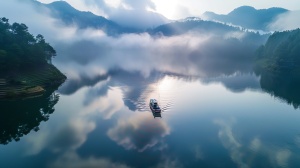 湖泊，水清澈，天空有云朵，湖水面上有云朵的倒影，湖边上有一只豪华的小船，航拍