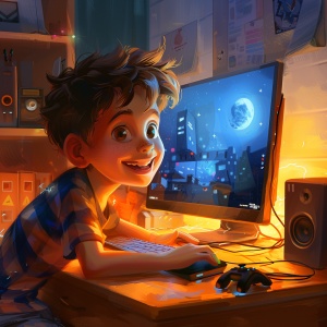 一个男孩子在房间里坐在电脑前玩游戏非常开心，脸上的笑容非常灿烂