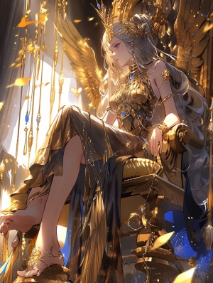 4k，晶壁辉煌，身穿金色战甲，长发飘飘的美丽战争女神，高质量，脸非常漂亮，露出脚底，脚底有金色羽毛