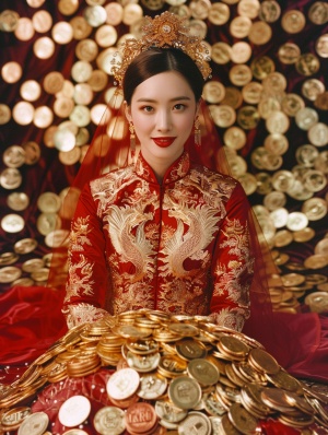 这张写真摄影融合了中国传统文化与现代元素，展现了一种喜庆和繁荣的氛围。画面的中心是一位穿着传统红色嫁衣的中国新娘，她可能正坐在一大堆金币或纸币上，这些钱币象征着财富和好运。新娘的服饰是华丽的龙凤褂或绣有吉祥图案的旗袍，头戴红色的头纱或凤冠，脸上洋溢着幸福的笑容。她的眉毛轻轻挑起，眼睛闪烁着喜悦的光芒，整个表情显得非常得意和快乐，仿佛在庆祝她的婚礼和新生活的到来。周围的钱币可能被艺术化地堆叠成山状，或者散布在新娘周围，形成一种富丽堂皇的背景。照片的整体设计可能采用了鲜艳的色彩和对比强烈的元素，以吸引观众的注意力。背景可能包含一些中国传统的婚礼元素，如红色的灯笼、喜字或花卉图案，来增强喜庆的氛围。专业摄影师的镜头，柯达(Kodak)，Portra 800胶片，摄影师丹·温特斯，摄影技艺的巅峰,电影摄影风格，