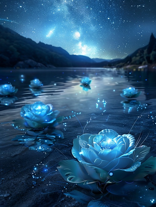 In the night sky, the stars shine onthe silky lake, and the light blueroses float on the water. Aurora, fairylight,stars,twinkling stars, a meteoracross the sky, wide lake, starry sky,Michael James Smith's matte painting,CG rendering,volumetric light, spaceart,bioluminescence, illusory engine5,super wide angle, high definition,4K,8K,HD,