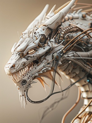 zoom in side head view, studio shot of a龙, porcelain transparent,mechanical parts anatomical, carbon made, with cable, the background is a beige gradient, octane render, unreal engine 5, volumetric lighting, diffuse lighting, 8k, hyper-detailed, HDR