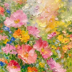 oil painting , Monet ' s Impressionist brushstrokes , Summer Garden , bright pinks , yellows , and greens , super details , masterpiece , delicate color , warm color , flowers , delicate play of light and shadow 油画，莫奈的印象派笔触，夏日花园，明亮的粉红色、黄色和绿色◇超级细节，杰作，细腻的颜色，暖色，花朵，细腻的光影效果