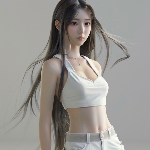 一个中国女孩，长头发，身材好，长腿，白色背心，短裙，高细节，漂亮