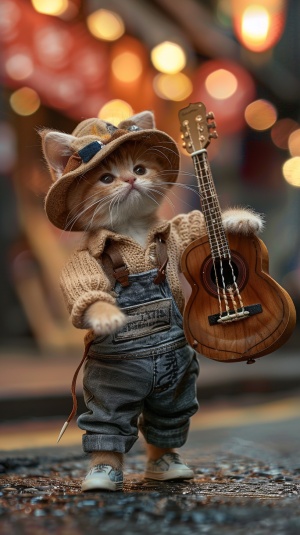 一只站在大街上的小猫，身穿帅气的衣服，手里拿着吉他