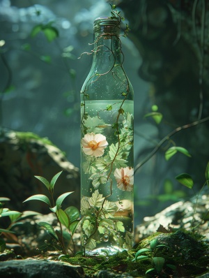 勃朗光，环境光，深海中的透明玻璃瓶，玻璃瓶里面有花，花瓣，草，植物，树叶，藤蔓缠绕，水滴，森林，光线追踪，对比强烈。 3 D 艺术、景深、超现实、辛烷渲染、c 4 d、复杂细节 ar 3:4 s 750