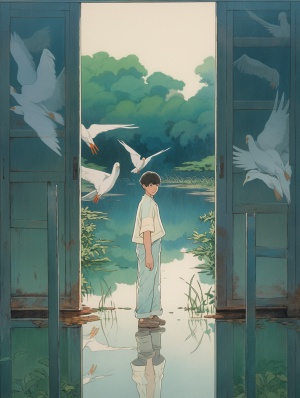The protagonist stands in the middle of an opendoor with three different doors behind him, andhis two friends stand side by side in theirrespective doorways. There is a green pond at oneend. In the center of the pond stands a boy, with ablue heron flying beside him. Various images areprinted on the wall, Hayao Miyazaki's paintingstyle, 64K ar 3:4 s 800 niji6