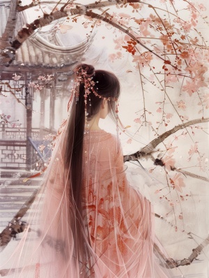 一位中国古代女子，站在桃花树下，过腰长发披在身后，头顶盘发，插一只小小的发簪，身穿粉色刺绣长纱裙，裙尾散开，全身特写，远处是中国古代楼阁，光线明亮，浪漫，大部分留白，空间感