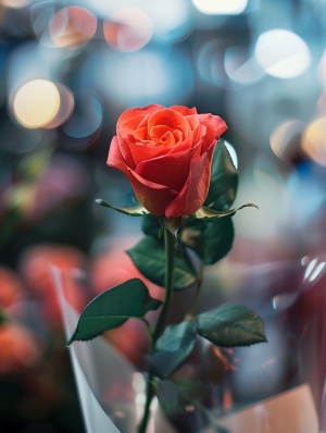 花店里一支玫瑰花的漂亮包装与立体光效