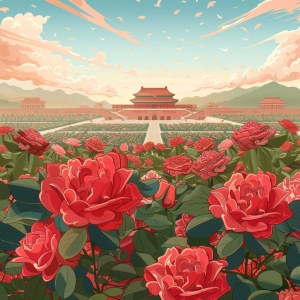 扁平插画 大场景玫瑰茶园，远视，正面。白天多云，近处盛开的红色玫瑰。远处有绿色的茶园，平面风，数字艺术春季春天风景插画背景图
