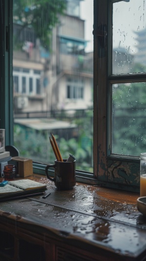 书桌上的铅笔和窗外大雨滂沱