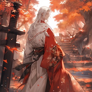 1boy, artist_name, autumn, autumn_leaves, branch, cherry_blossoms, forest, japanese_clothes, kimono, leaf, long_hair, long_sleeves, male_focus, maple_leaf, nature, outdoors, sash, solo, standing, tree, watermark, white_hair, wide_sleeves,