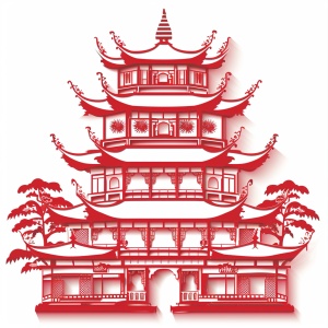 极简的，中国剪纸风格，济宁地区文化特色，单层，矢量剪纸，镂空，红色，无阴影，白色背景，关于济宁地区建筑风俗，人文