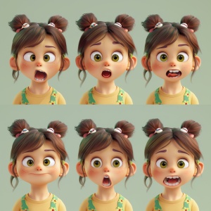 A cute girl, anthropomorphic modeling, emoticons, 6 emoticons, various expressions, happy, astonishment, yawn，3D Clay style v 6.0