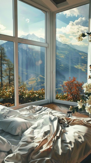 山顶酒店，大落地窗，窗外景色宜人，酒店家具华丽精致，白色的大床床头摆着鲜花